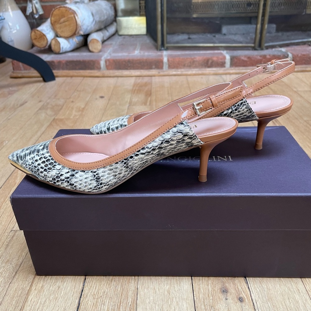Enzo Angiolini black and cream-colored snakeskin heels
